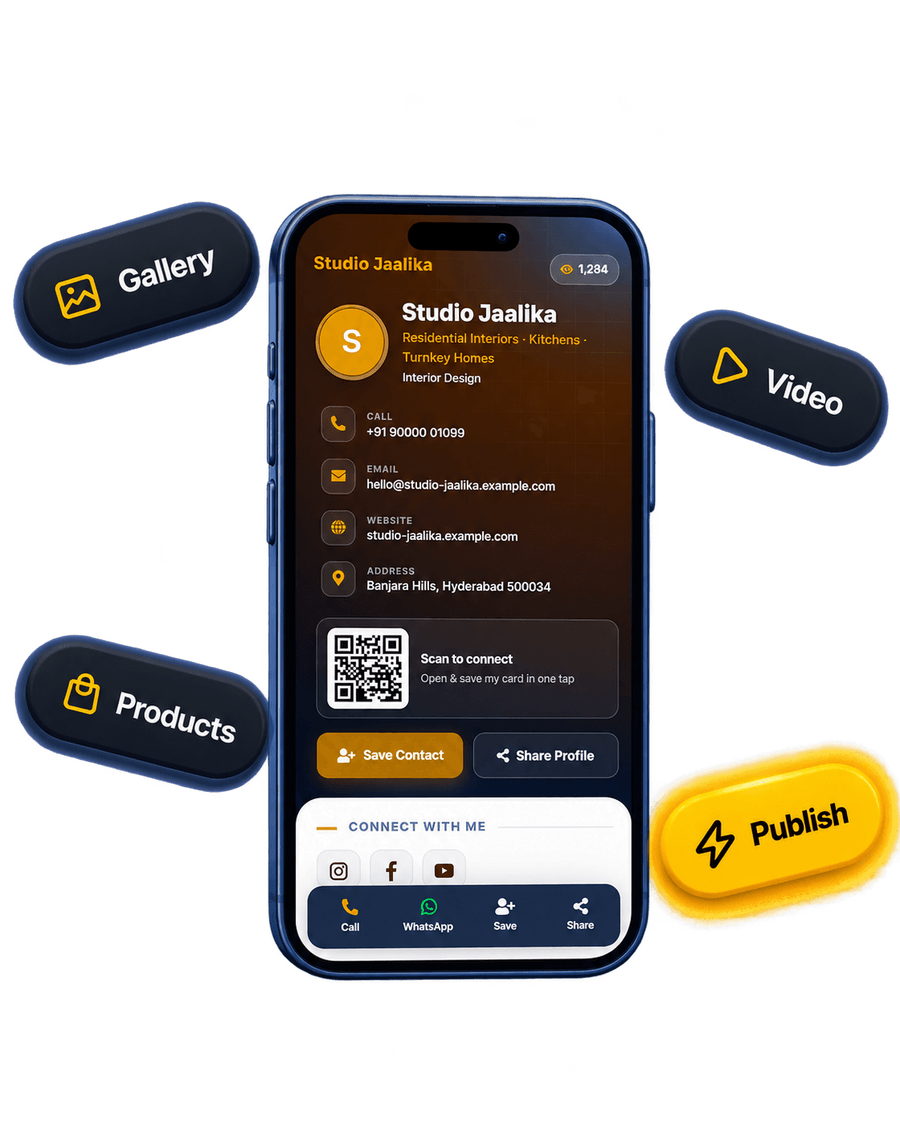A digital business card open on a phone, with gallery, video, products and publish controls around it