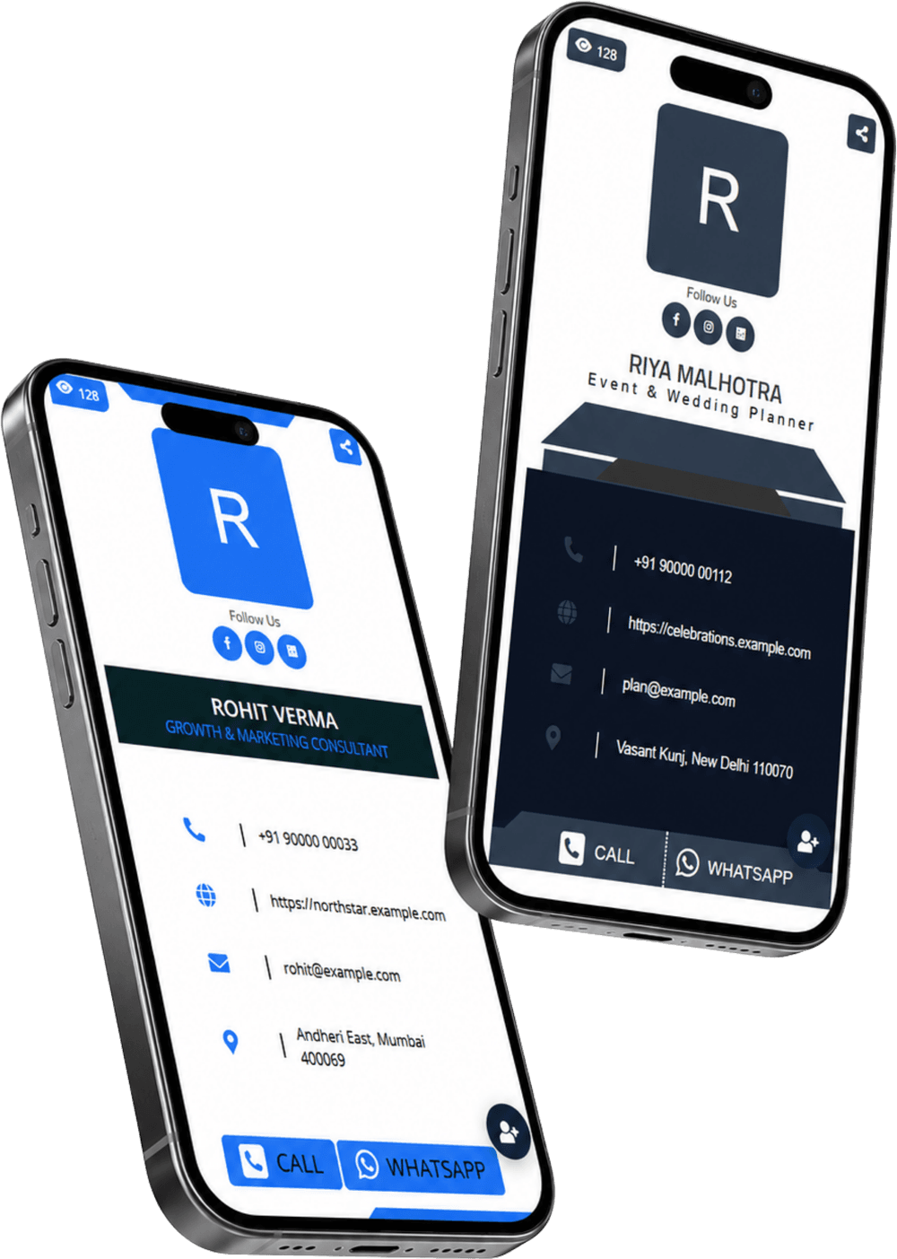 Two smartphones showing DigitalCarda digital business cards — a marketing consultant and an event & wedding planner profile with call, WhatsApp, email and QR sharing