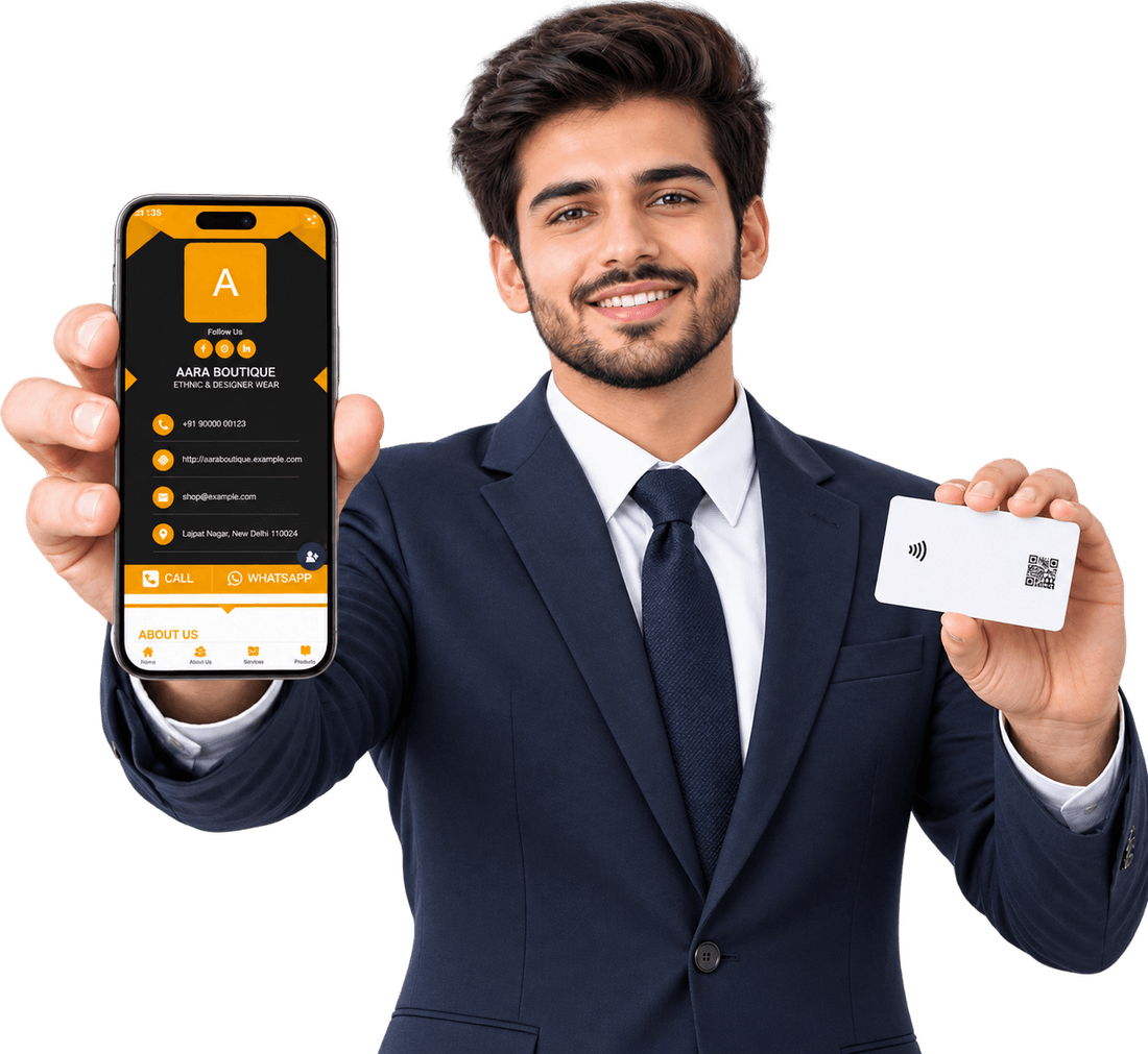 Smiling professional holding a smartphone showing a DigitalCarda digital business card in one hand and a contactless NFC card with a QR code in the other