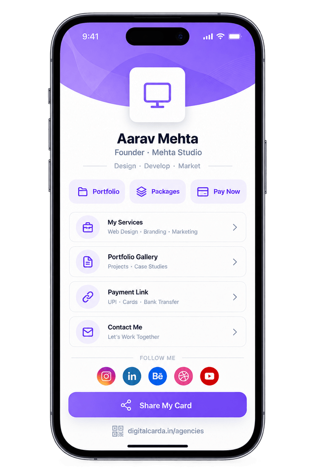 Aarav Mehta, Founder at Mehta Studio: a sample DigitalCarda digital visiting card on a smartphone