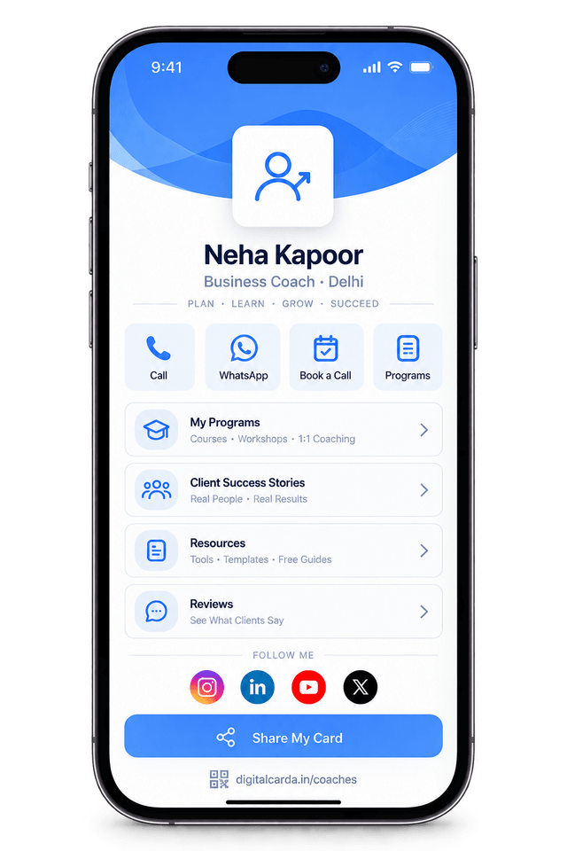 Neha Kapoor, Business Coach at Neha Kapoor Coaching: a sample DigitalCarda digital visiting card on a smartphone