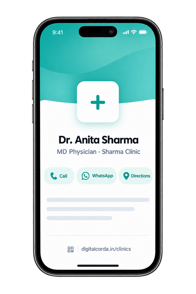 A sample digital visiting card for a clinic on a smartphone