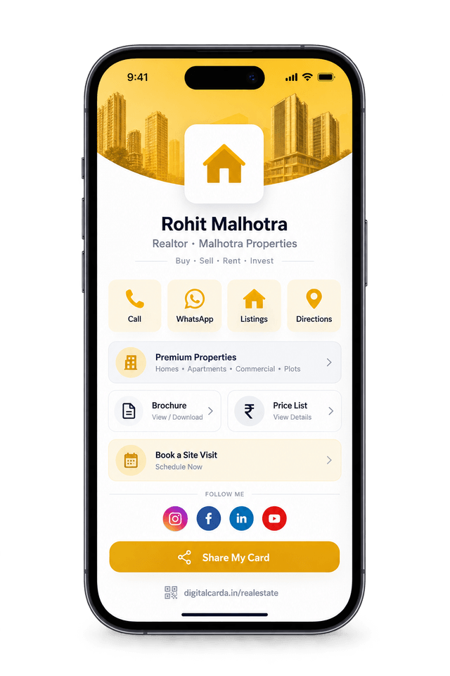 A sample digital visiting card for a property dealer on a smartphone