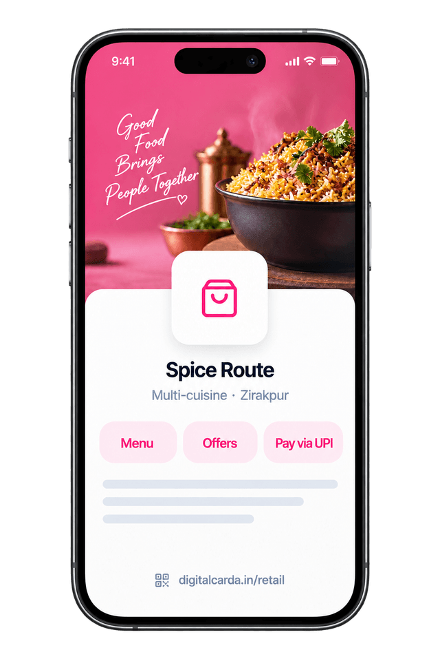 Spice Route, a multi-cuisine restaurant: a sample DigitalCarda digital visiting card on a smartphone