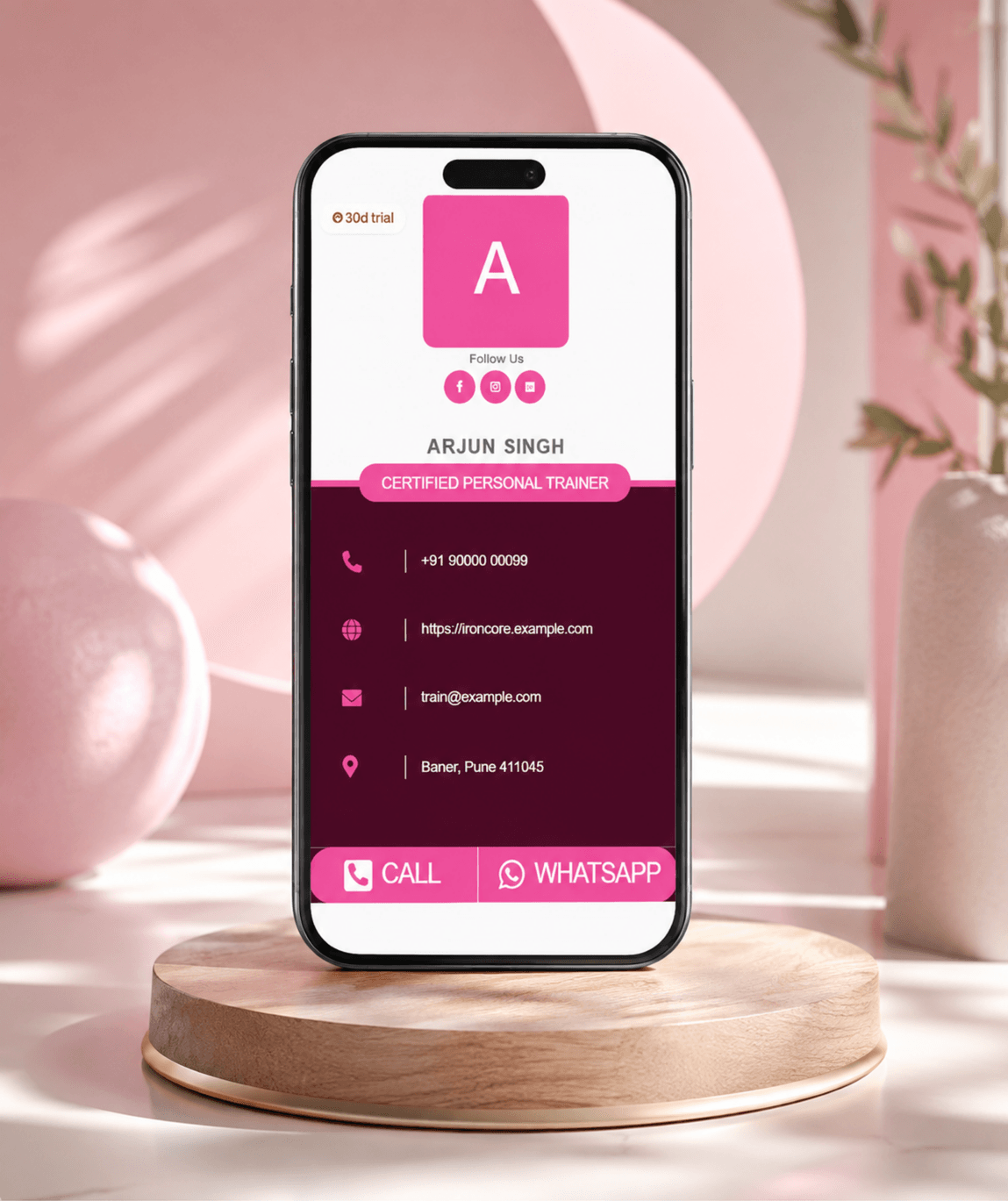 Rose Pink Digital Business Card — digital business card mockup 1