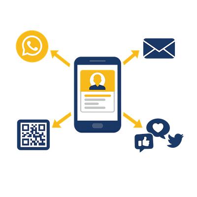 Sharing a digital business card by WhatsApp, email, QR code and social media